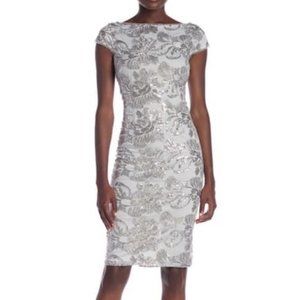 NWT Marina Silver Sequin Embroidered Sheath Dress Knee Length Women's  12 Petite